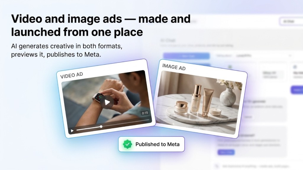A video ad and an image ad generated by Autonoma, marked Published to Meta