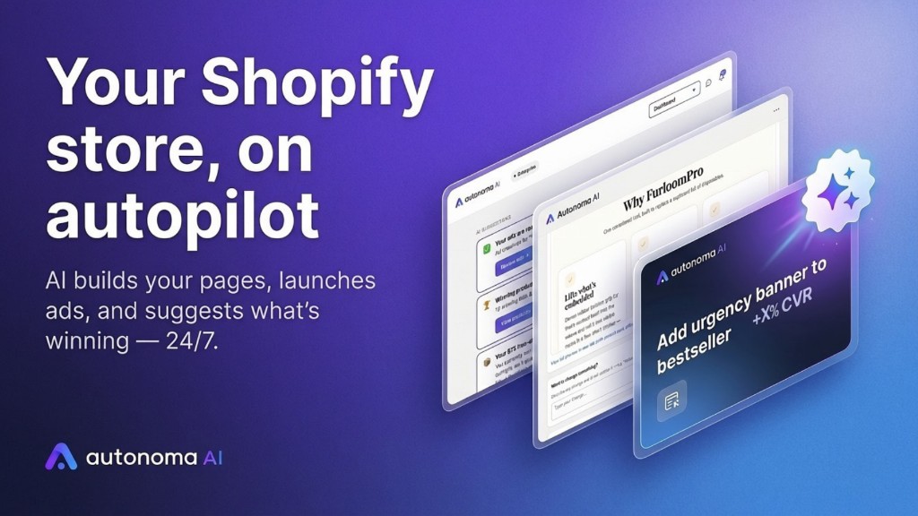 Autonoma dashboard with a finished product page build, AI suggestions and an urgency-banner recommendation card