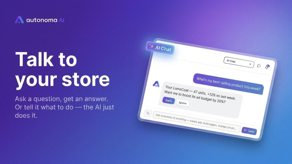 Autonoma AI chat answering a sales question about the best-selling product and offering to boost its ad budget