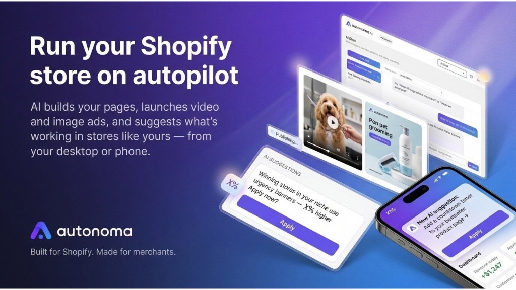 The Autonoma app on desktop and phone: AI chat building a pet-grooming product page, an AI suggestion card, and the mobile dashboard