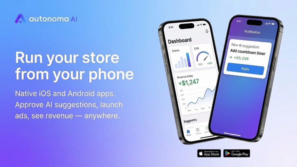 Two phones running the Autonoma mobile app: the revenue dashboard and a push notification with an AI suggestion ready to apply